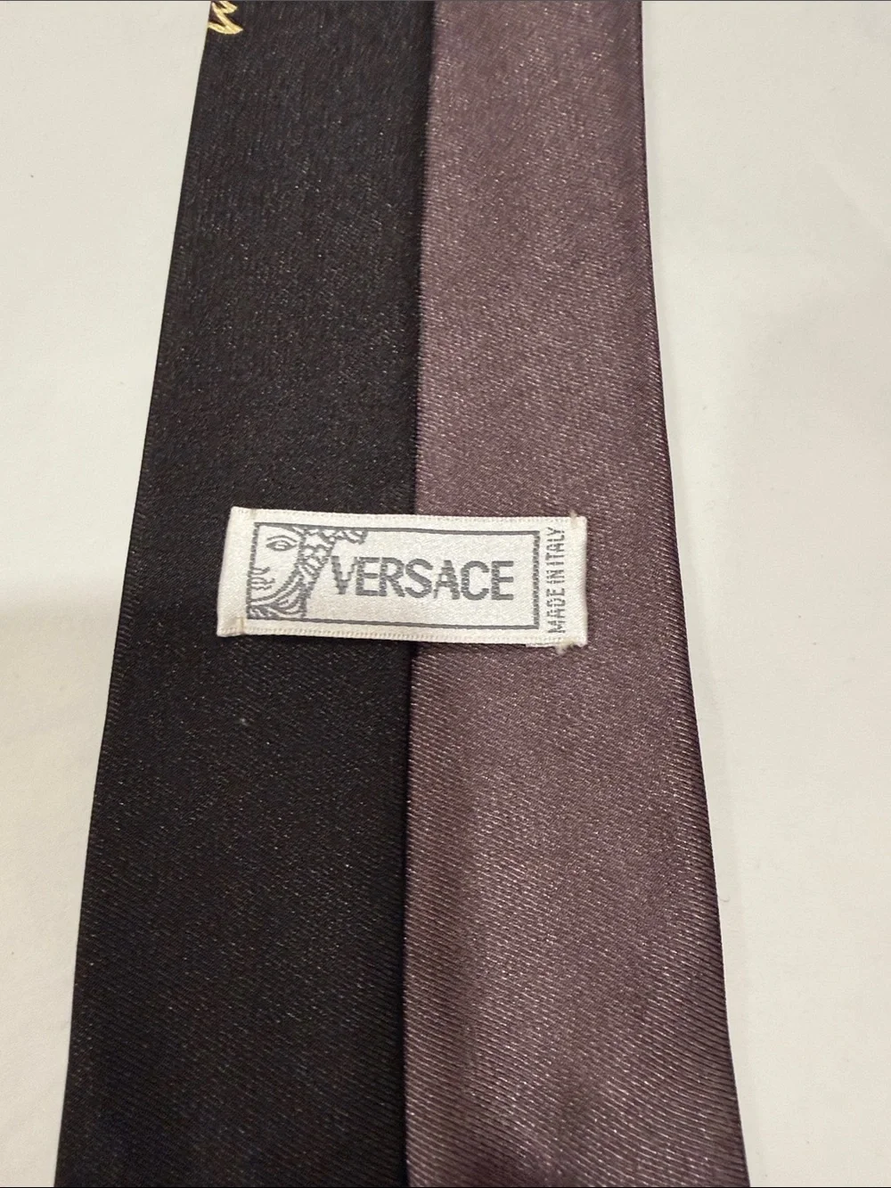 Versace Brown Silk Tie with Gold Baroque Scroll Motif